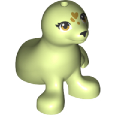 yellowish green seal friends with black nose and eyelashes gold eyes and hearts on forehead pattern