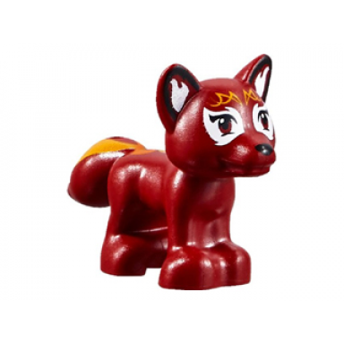 dark red fox friends elves with black nose white around eyes bright light orange face decorations and flames on tail pattern flamy