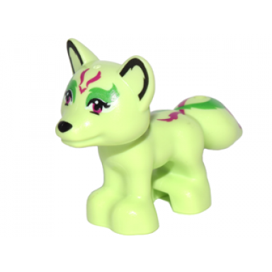 yellowish green fox friends elves with black nose magenta eyes and bright green and magenta elves tribal pattern dusti