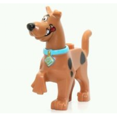 medium nougat dog great dane scooby-doo walking with medium azure collar smile on both sides and tongue pattern