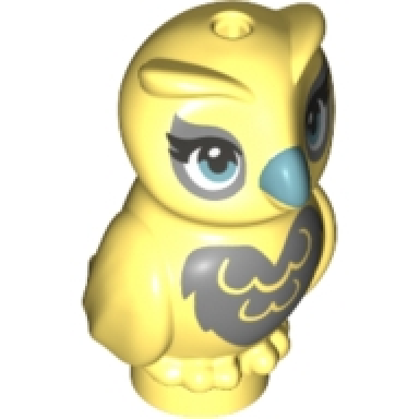 bright light yellow owl elves with metallic light blue beak and silver on chest back and around eyes pattern
