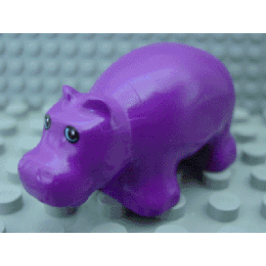 purple duplo hippo baby with black and light blue eyes pattern