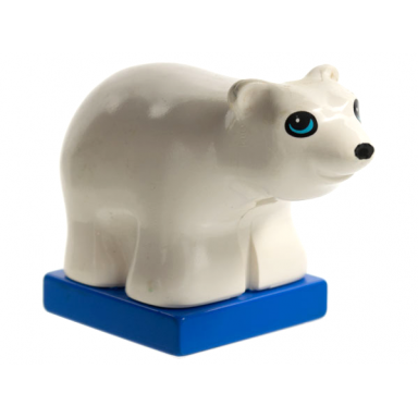white duplo bear baby cub on blue base with black and sky blue eyes round black oval nose pattern