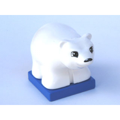 white duplo bear baby cub on blue base with black eyes squared and oval nose pattern