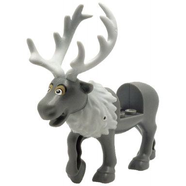 dark bluish gray reindeer frozen with molded light bluish gray flexible rubber antlers tail and fur around neck and printed white and dark tan eyes with black round eyebrows upper eyelids pattern sven