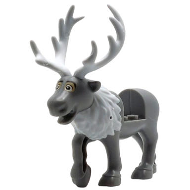 dark bluish gray reindeer frozen with molded light bluish gray flexible rubber antlers tail and fur around neck and printed white and dark tan eyes with black angled eyebrows upper eyelids pattern sven
