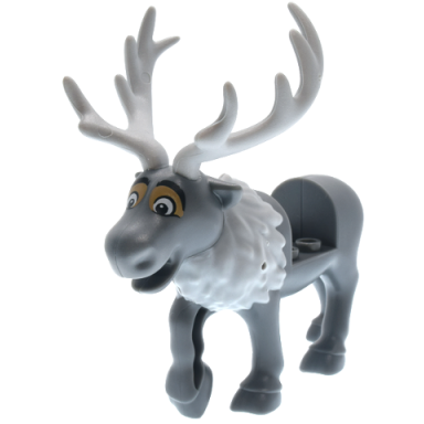 dark bluish gray reindeer frozen with molded light bluish gray flexible rubber antlers tail and fur around neck and printed white and dark tan eyes with black bushy eyebrows upper and lower eyelids pattern sven