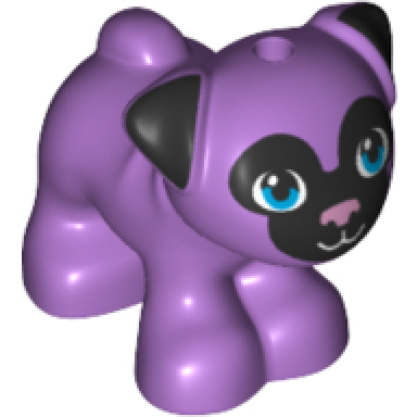 medium lavender dog friends pug standing with black muzzle and ears metallic pink nose and dark azure eyes pattern
