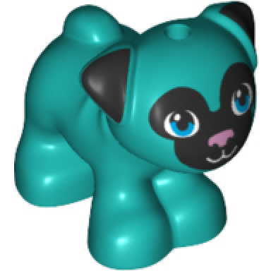 dark turquoise dog friends pug standing with black muzzle and ears metallic pink nose and dark azure eyes pattern