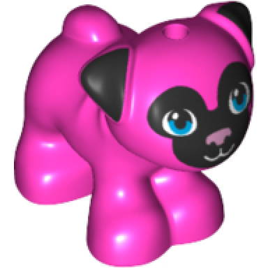 dark pink dog friends pug standing with black muzzle and ears metallic pink nose and dark azure eyes pattern