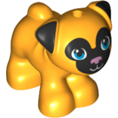 bright light orange dog friends pug standing with black muzzle and ears metallic pink nose and dark azure eyes pattern