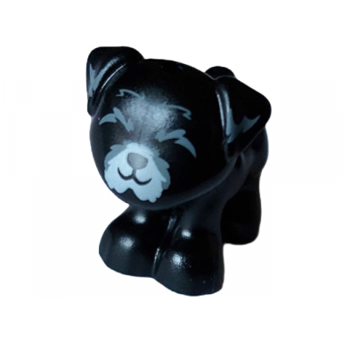 black dog friends pug standing with light bluish gray muzzle and dark bluish gray ears and closed eyes pattern dash
