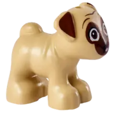 tan dog friends pug standing with reddish brown muzzle ears and eyes looking forward and bright pink tongue pattern dango