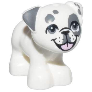 white dog friends pug standing with black nose dark bluish gray ears eyes and spots and bright pink tongue pattern juno