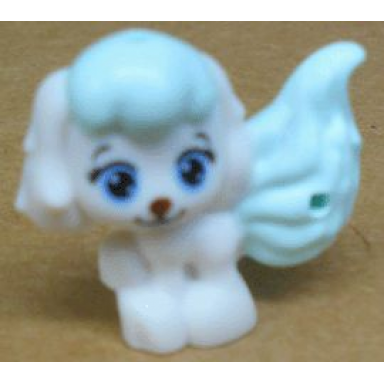 white dog whisker haven tales cinderellas puppy with light aqua bangs and tail bright light blue eyes and dark brown nose pattern pumpkin