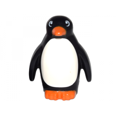 black penguin with flippers and stud on back with orange beak and feet and white stomach pattern