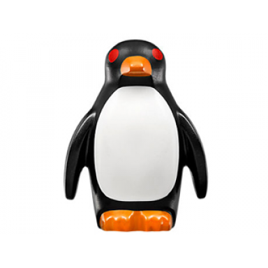 black penguin with flippers and stud on back with orange beak and feet white stomach and red eyes pattern