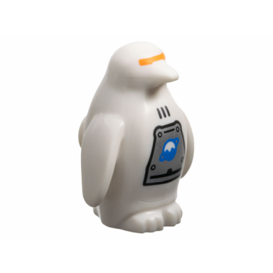 white penguin with flippers and stud on back with orange visor black vents and rivets silver panel with blue and white ice planet logo pattern