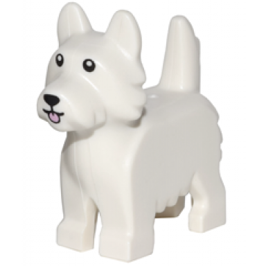 white dog terrier with black eyes and nose and pink tongue pattern