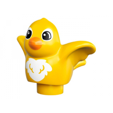 yellow duplo bird with white chest feathers and eye borders orange beak pattern
