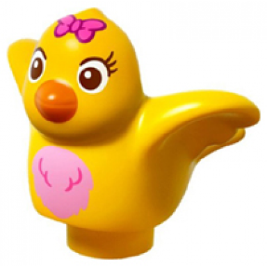 yellow duplo bird with bright pink chest feathers dark pink bow orange beak pattern