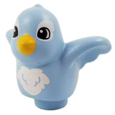 bright light blue duplo bird with white chest and eye feathers yellow beak pattern