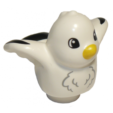 white duplo bird with black wing tips yellow beak pattern seagull