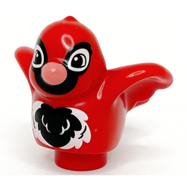 red duplo bird with black and white eyes face and chest feathers coral beak pattern