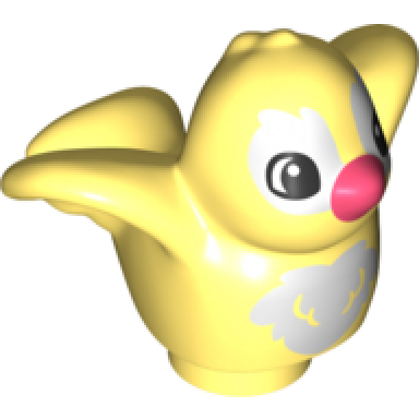 bright light yellow duplo bird with white chest feathers and eye borders coral beak pattern