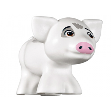white pig friends with black eyebrows reddish brown eyes looking straight bright pink nose and dark bluish gray rough spots pattern pua