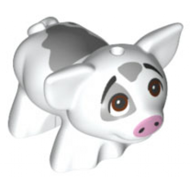 white pig friends with black eyebrows reddish brown eyes looking up bright pink nose and dark bluish gray smooth spots pattern pua