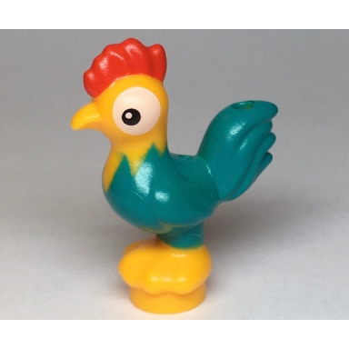 bright light orange chicken moana with dark turquoise tail feathers heihei