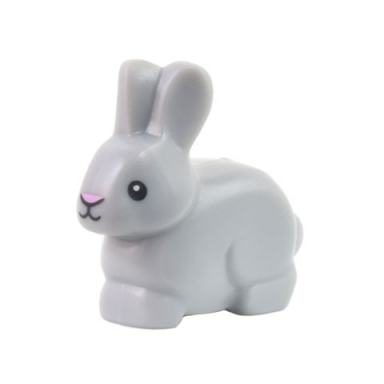 light bluish gray bunny rabbit with black eyes and mouth and bright pink nose pattern