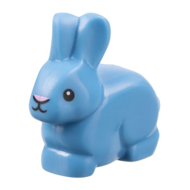 medium blue bunny rabbit with black eyes and mouth and bright pink nose pattern