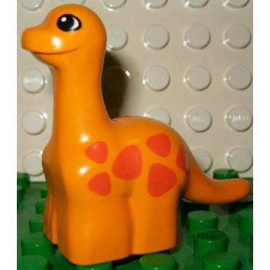 medium orange duplo dinosaur brachiosaurus baby with black and white eyes orange spots pattern
