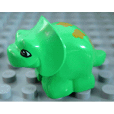 bright green duplo dinosaur triceratops baby with brown spots pattern