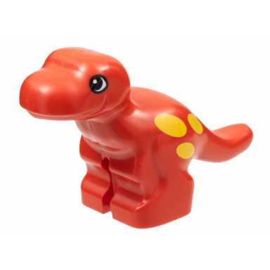 red duplo dinosaur tyrannosaurus rex baby with black and white eyes yellow spots pattern