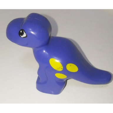 violet duplo dinosaur tyrannosaurus rex baby with black and white eyes yellow spots pattern