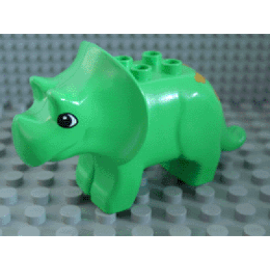 bright green duplo dinosaur triceratops adult with brown spots pattern