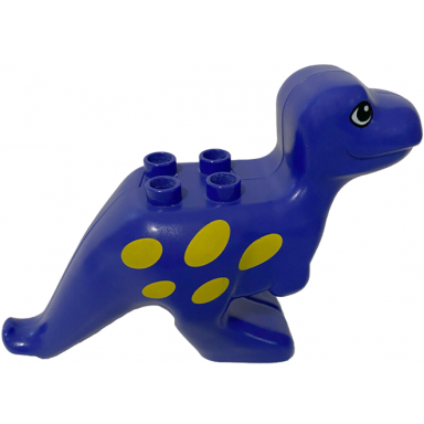 violet duplo dinosaur tyrannosaurus rex adult with eyes and yellow spots pattern