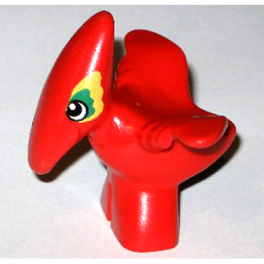 red duplo dinosaur pteranodon baby with green and yellow around eyes pattern