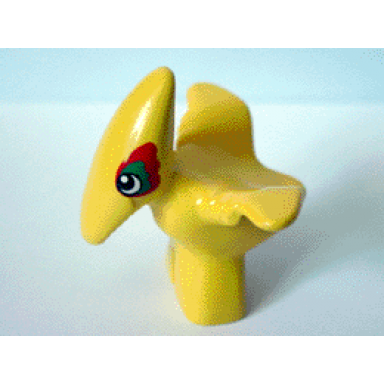 yellow duplo dinosaur pteranodon baby with green and red around eyes pattern