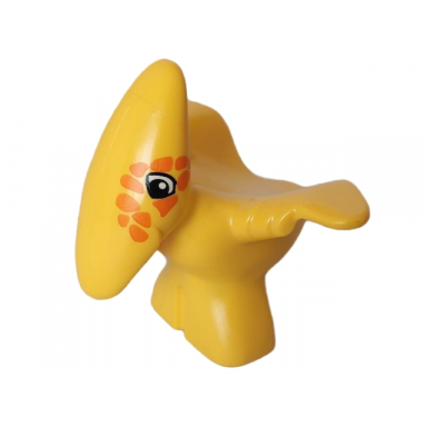 yellow duplo dinosaur pteranodon baby with orange spots around eyes pattern