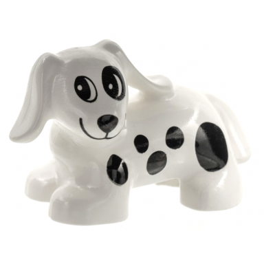 white duplo dog dachshund with black spots pattern spot
