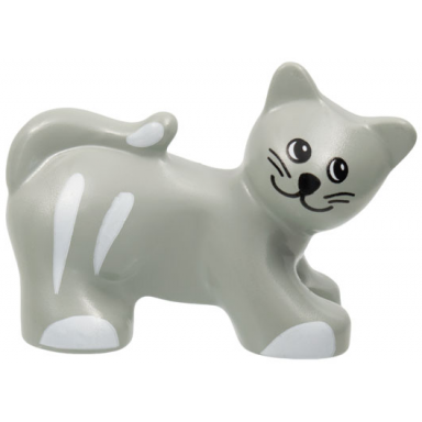 light gray duplo cat with round eyes whiskers white stripes and paws pattern