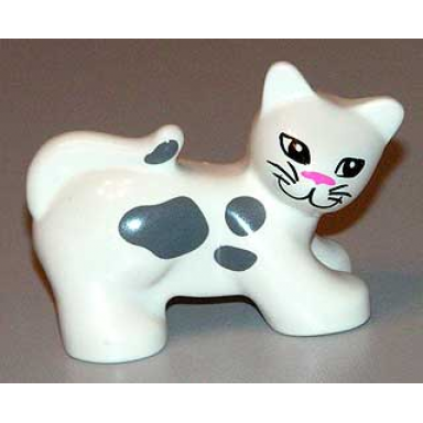 white duplo cat with almond eyes whiskers pink nose and gray spots pattern
