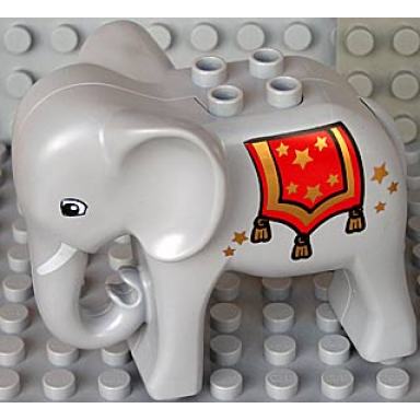 light bluish gray duplo elephant adult with eyes squared white tusks and red blanket with gold stars and tassels pattern