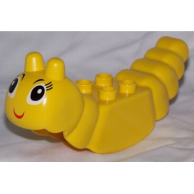 yellow duplo insect body with 2 x 2 studs and antenna with black eyes and red smile pattern