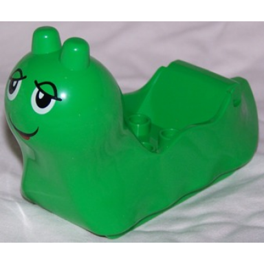 bright green duplo snail body with 2 x 2 studs with black eyes and smile pattern