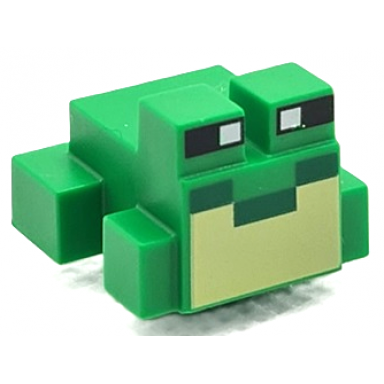 bright green minecraft frog with black and white eyes green mouth bright light yellow vocal sac pattern